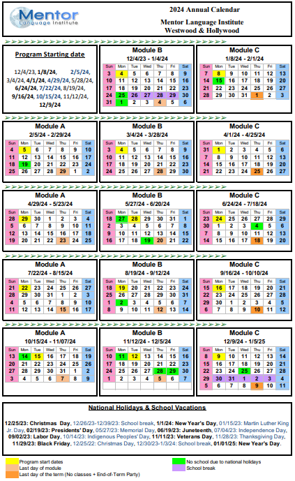 MLI School Calendar | Mentor Language Institute