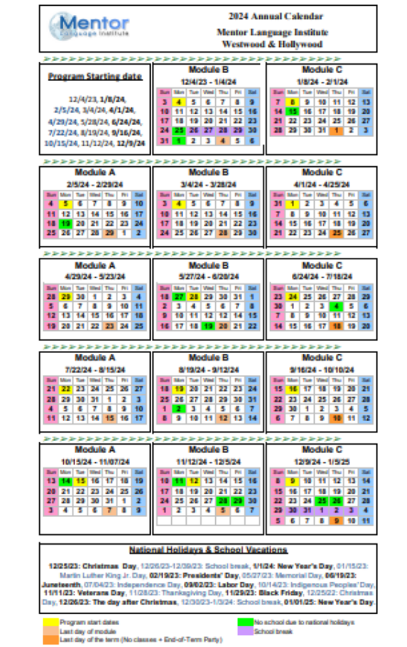 Calendario Escolar | Mentor Language Institute