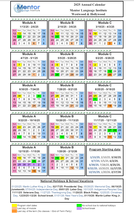 MLI School Calendar | Mentor Language Institute